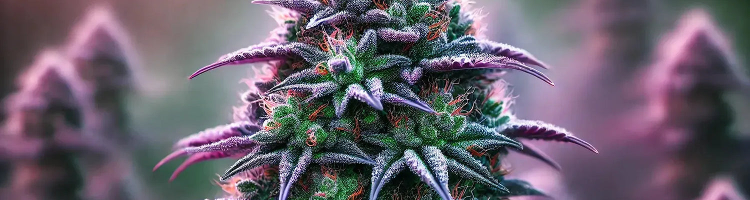 Purple Cookie Kush em todo o seu esplendor: botões vibrantes em tons de roxo e verde, cobertos por tricomas gelados, com um fundo natural de sonho. A introdução perfeita a esta variedade incrível.