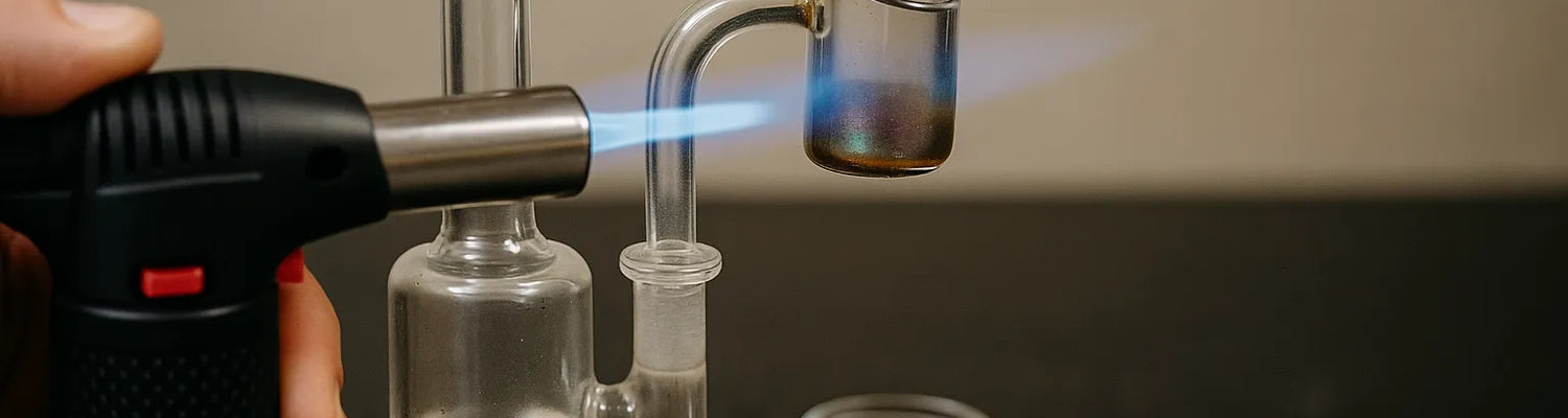 Uma pessoa a usar um dab rig para inalar concentrado de cannabis, vista de perto num ambiente caseiro descontraído.