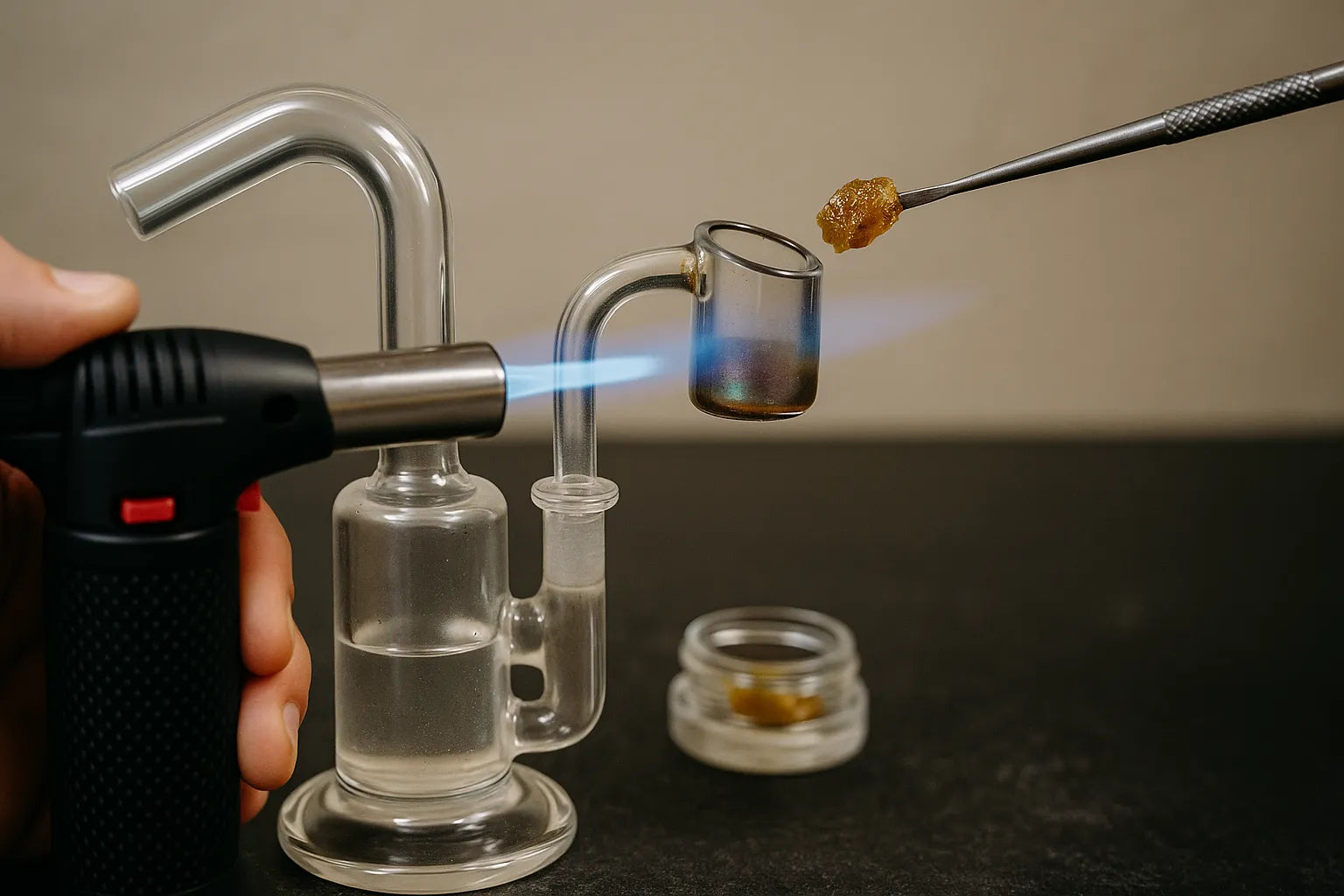Uma pessoa a usar um dab rig para inalar concentrado de cannabis, vista de perto num ambiente caseiro descontraído.