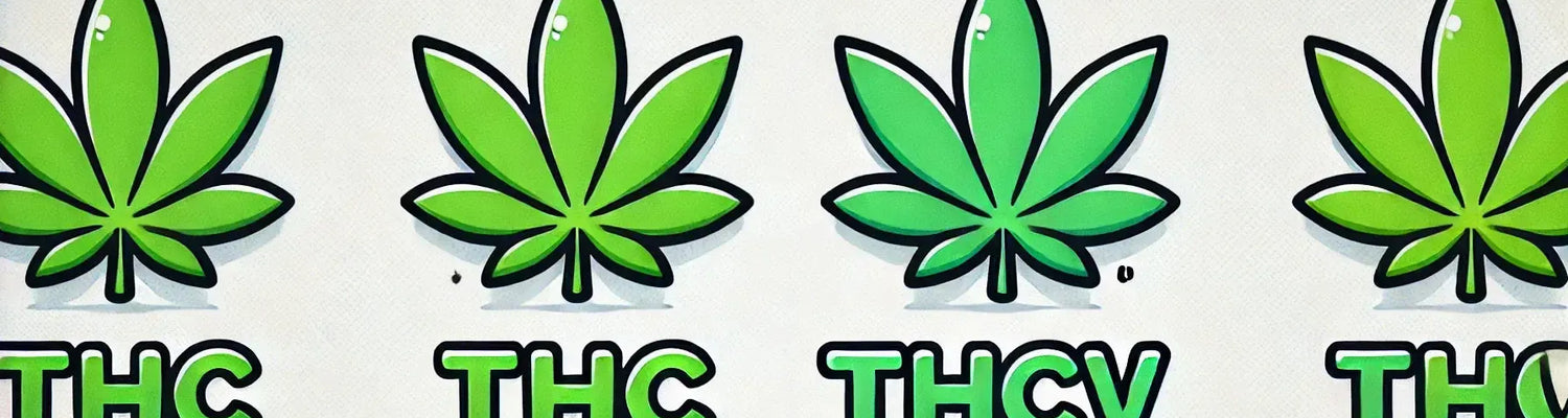 "THC vs THCV" com folhas de canábis em estilo de banda desenhada.