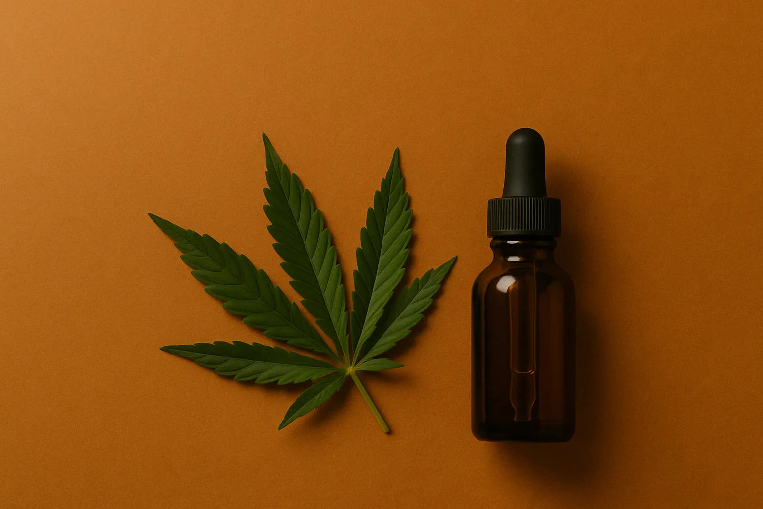 Folha de cannabis e frasco conta-gotas âmbar sobre fundo laranja quente