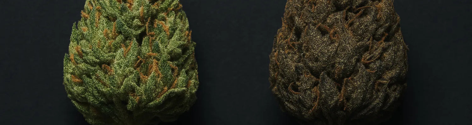 Comparação entre uma flor de cannabis natural e uma flor de cannabis com PGR lado a lado