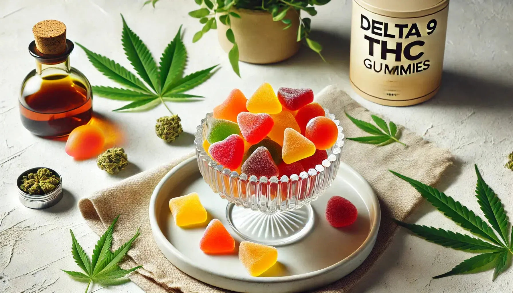 Uma taça de vidro cheia de gomas coloridas de Delta 9 THC em tons de manga, laranja e cereja, colocada sobre um fundo branco limpo com discretas decorações de folhas de canábis para um visual fresco e convidativo.