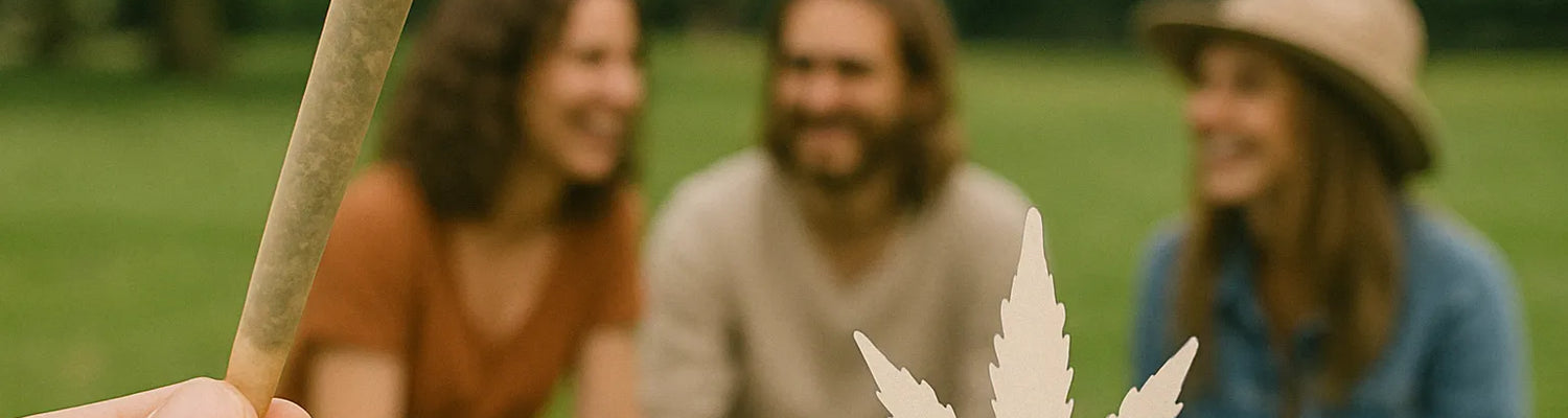 Mão a segurar um charro de cannabis em frente a um grupo de amigos sentados na relva num parque