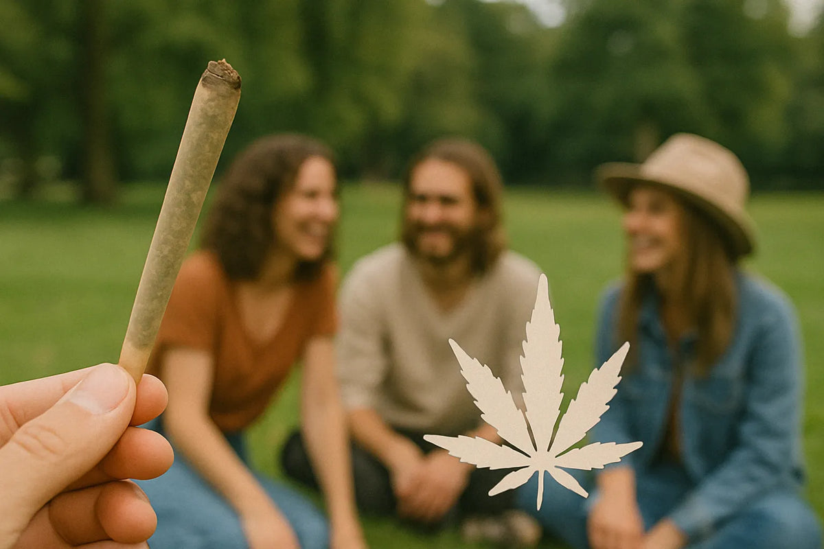 Mão a segurar um charro de cannabis em frente a um grupo de amigos sentados na relva num parque