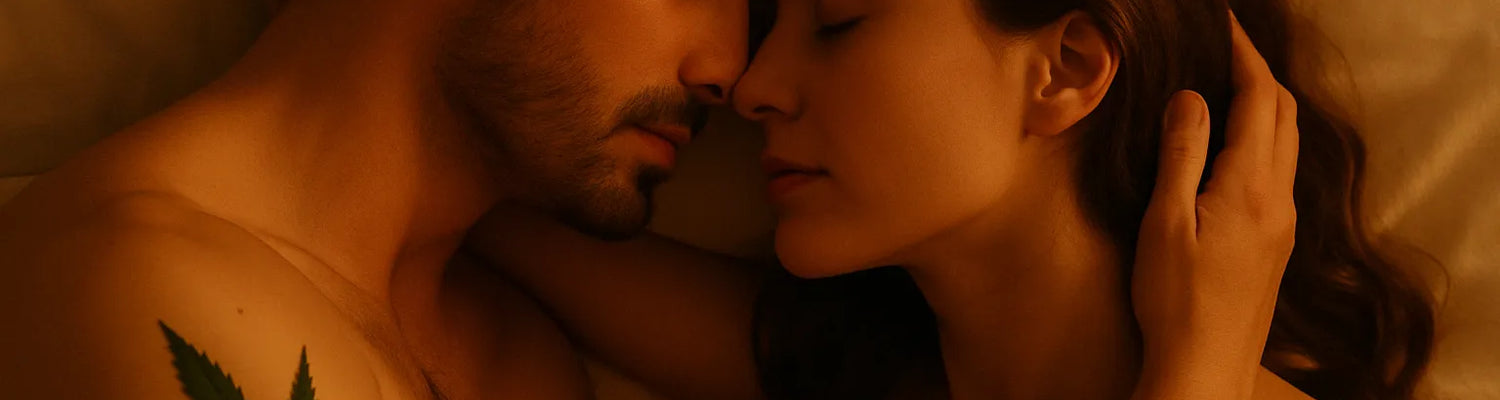 Casal deitado juntinho na cama com luz quente e uma folha de cannabis na cena