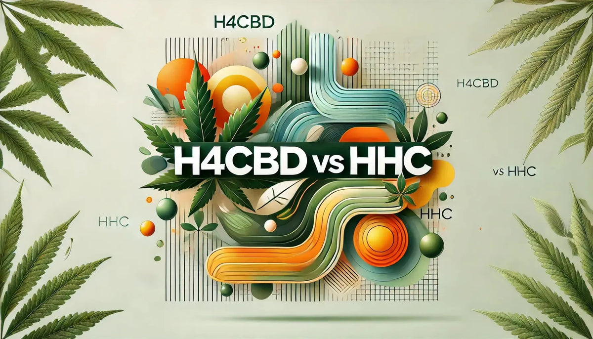 Imagem de cabeçalho de blog intitulada ‘H4CBD vs HHC’, com visuais abstratos em tons de verde para o H4CBD e tons dinâmicos de laranja e amarelo para o HHC, a destacar o contraste entre eles.