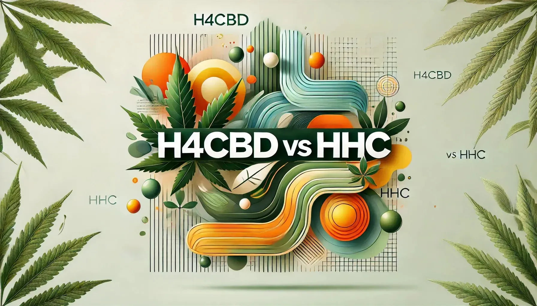 Imagem de cabeçalho de blog intitulada ‘H4CBD vs HHC’, com visuais abstratos em tons de verde para o H4CBD e tons dinâmicos de laranja e amarelo para o HHC, a destacar o contraste entre eles.
