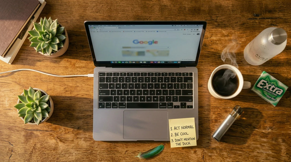 Workspace with laptop, coffee mug, succulents, and cannabis product on wooden desk