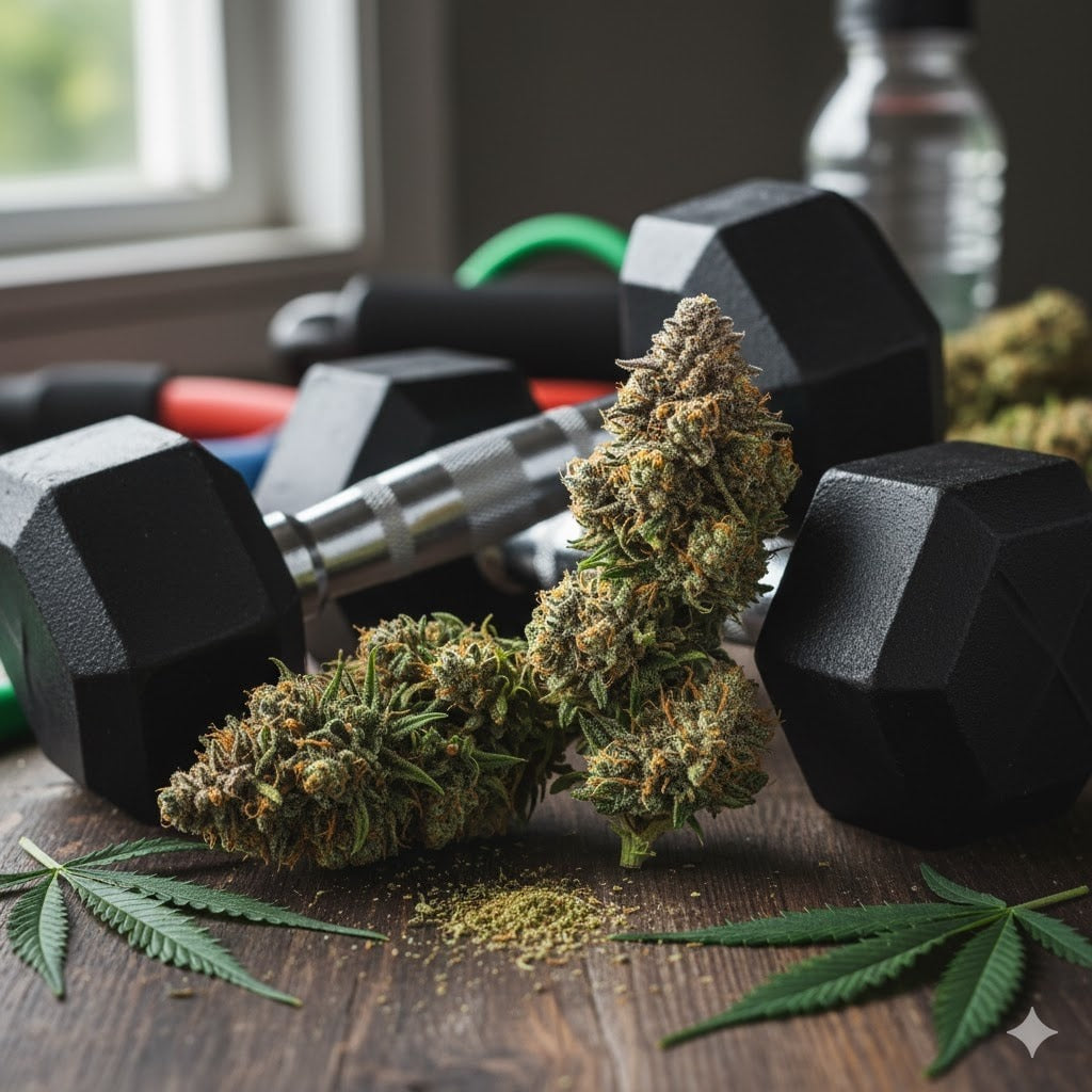Cannabis flower buds with dumbbells, vape pen, and leaves on wooden surface