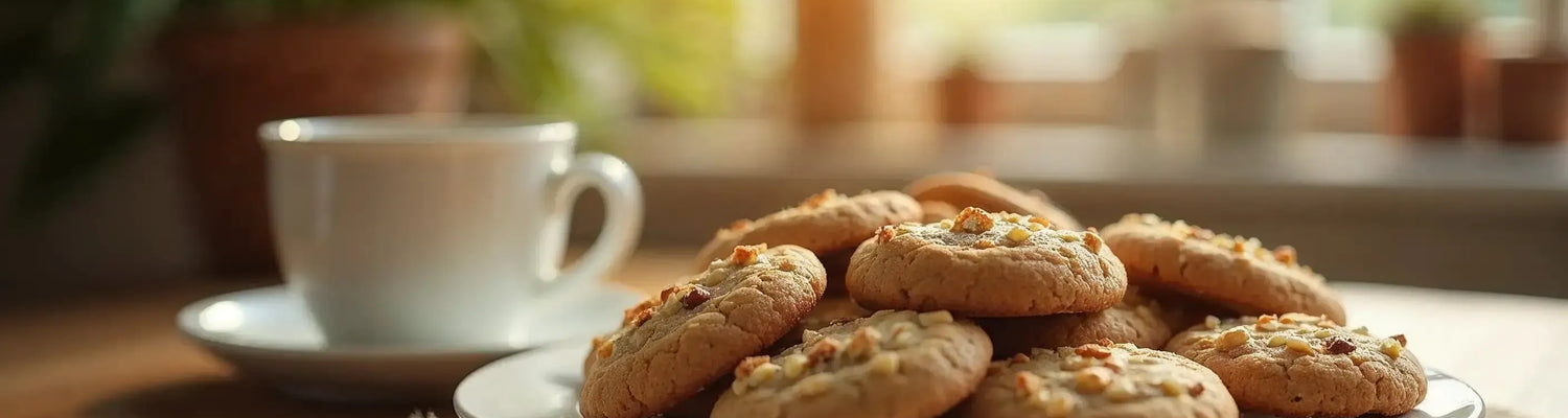 Bolachas de CBD servidas num prato com uma chávena de café