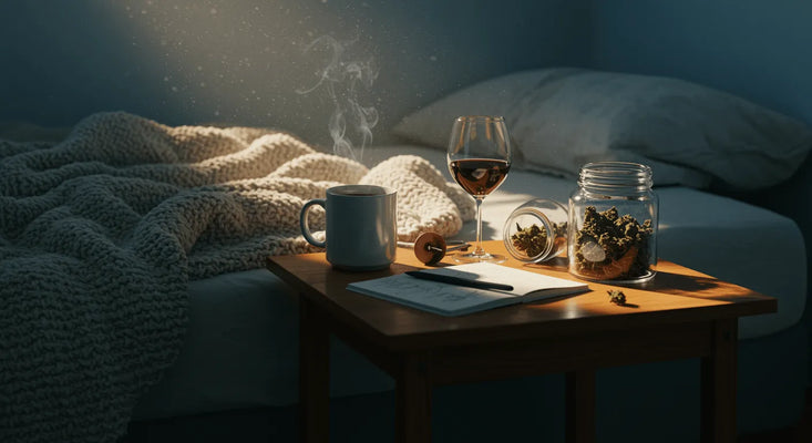 Quarto iluminado pelo sol ao amanhecer, com uma manta de malha amarrotada na cama e uma mesa de madeira com uma caneca de café a fumegar, um copo de vinho meio cheio, um caderno aberto e um frasco de vidro com flores de cannabis.