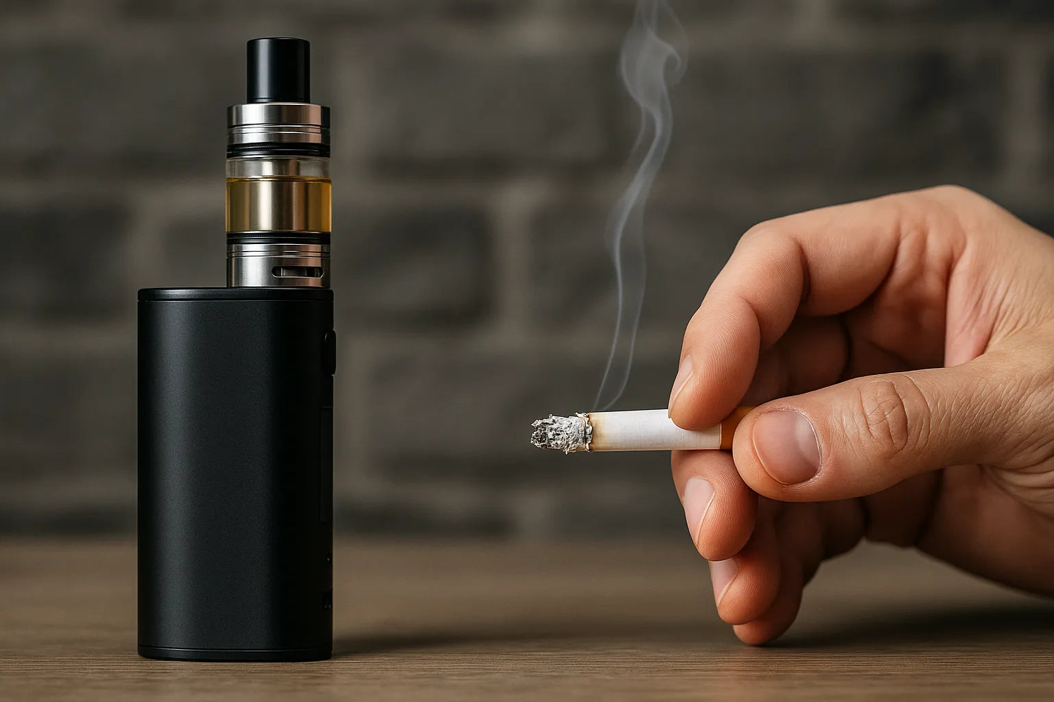 Imagem lado a lado de um dispositivo de vape e uma mão a segurar um cigarro aceso em cima de uma mesa de madeira