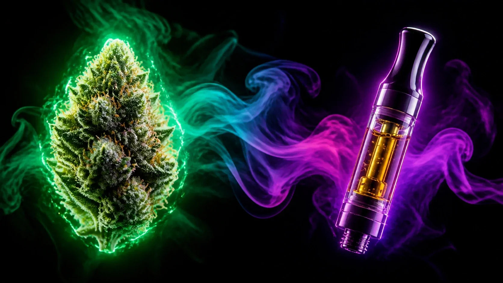 Neon glowing THCA flower and vape cartridge comparison with colorful smoke