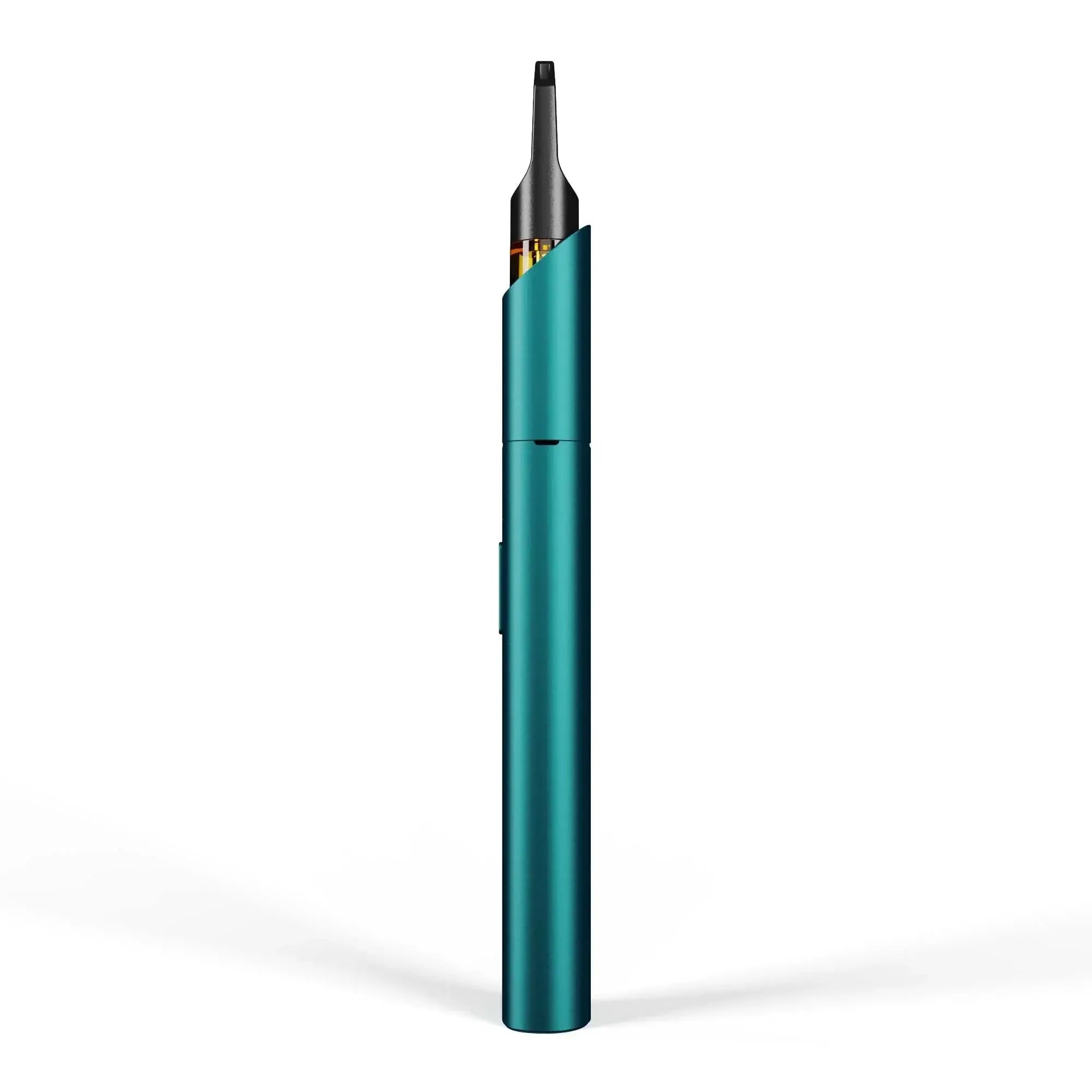 Caneta vaporizadora azul-petróleo com a boquilha aberta