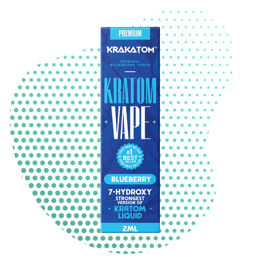 Embalagem de vape Blue Kratom com texto de sabor a mirtilo.