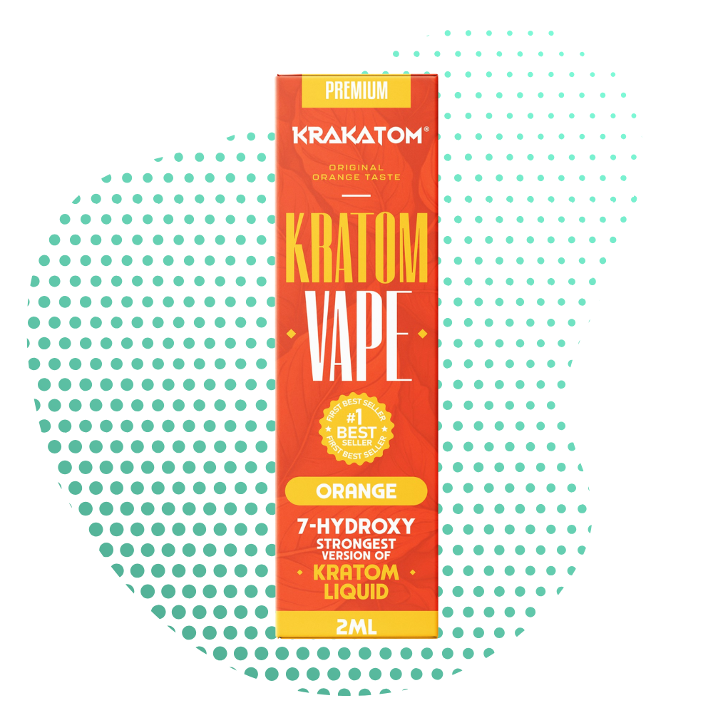 Embalagem de vape Blue Kratom com texto de sabor a laranja.