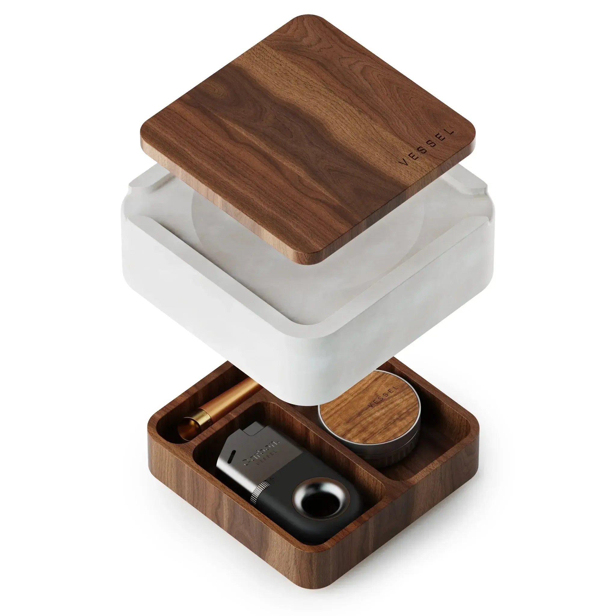 Caixa Vessel para cachimbos de vape e mais Plano médio com fundo branco