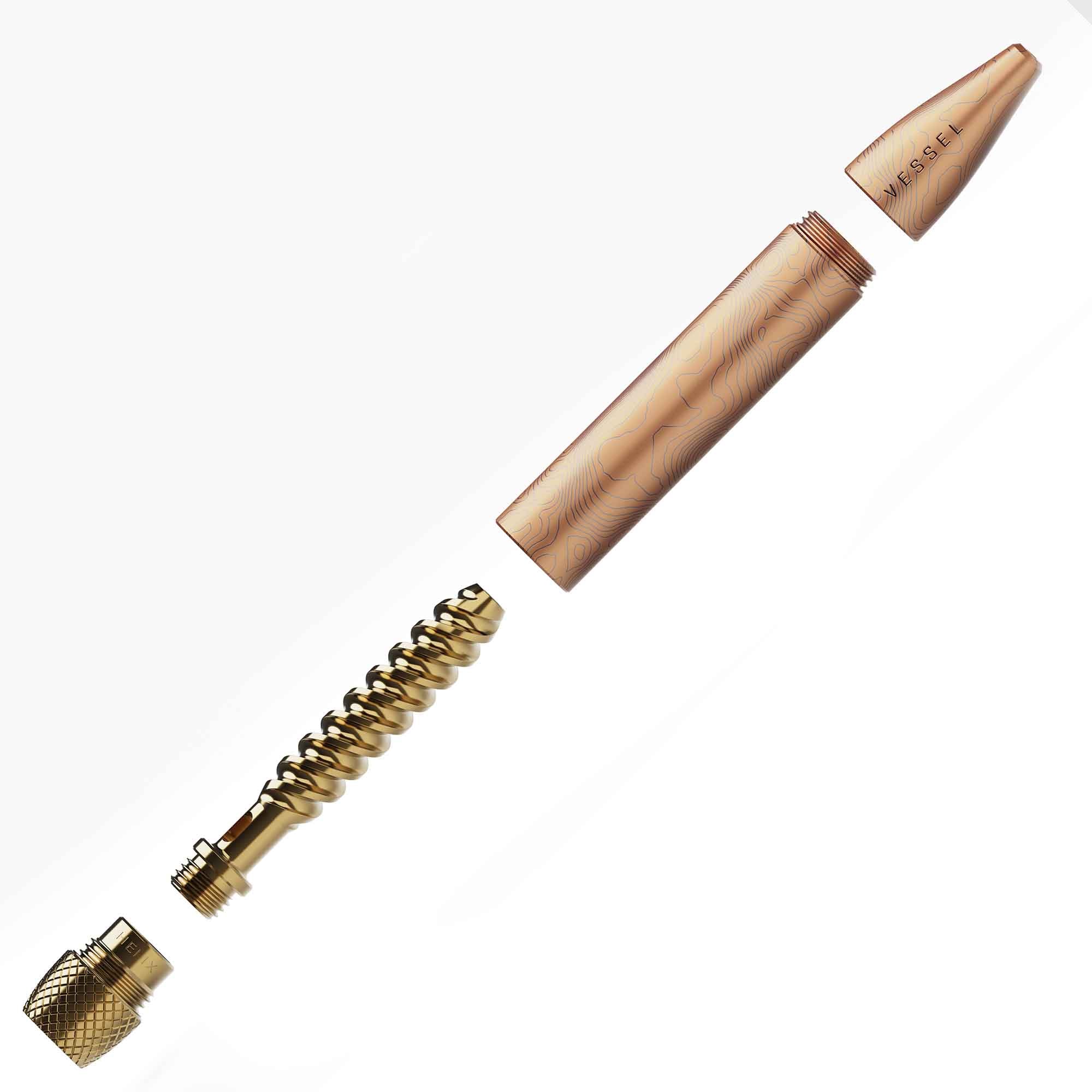 Caneta de tinteiro desmontada com design dourado e azul