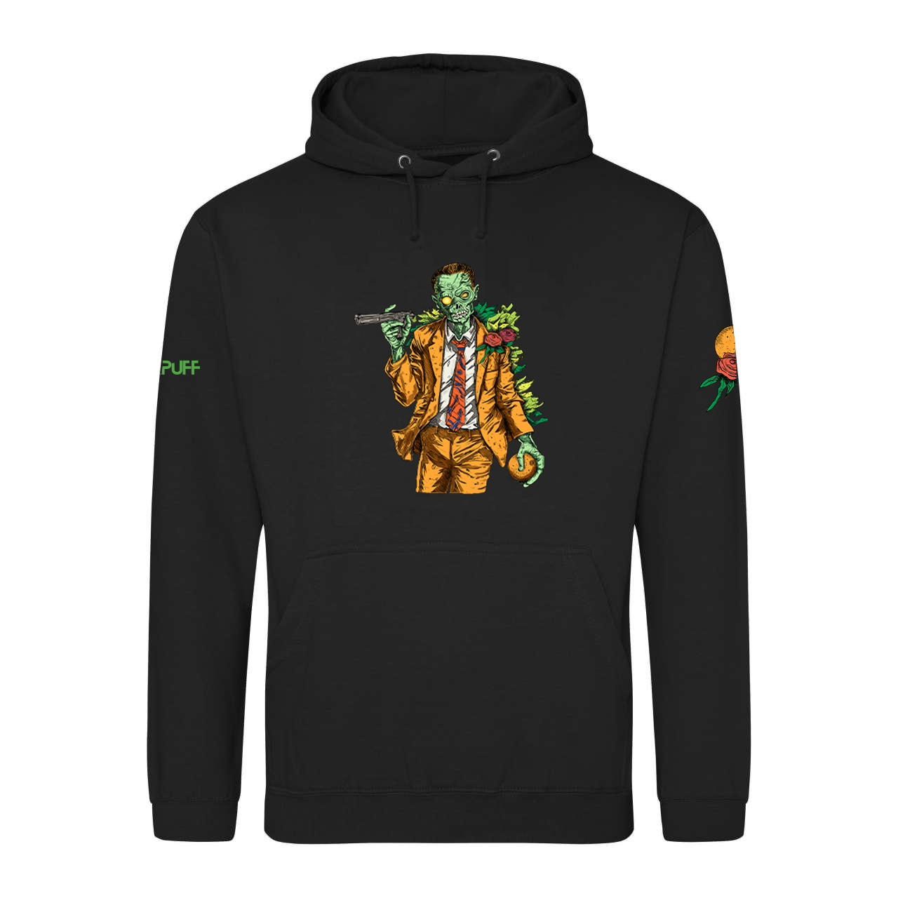 Sweatshirt preta com capuz e zumbi a segurar uma arma
