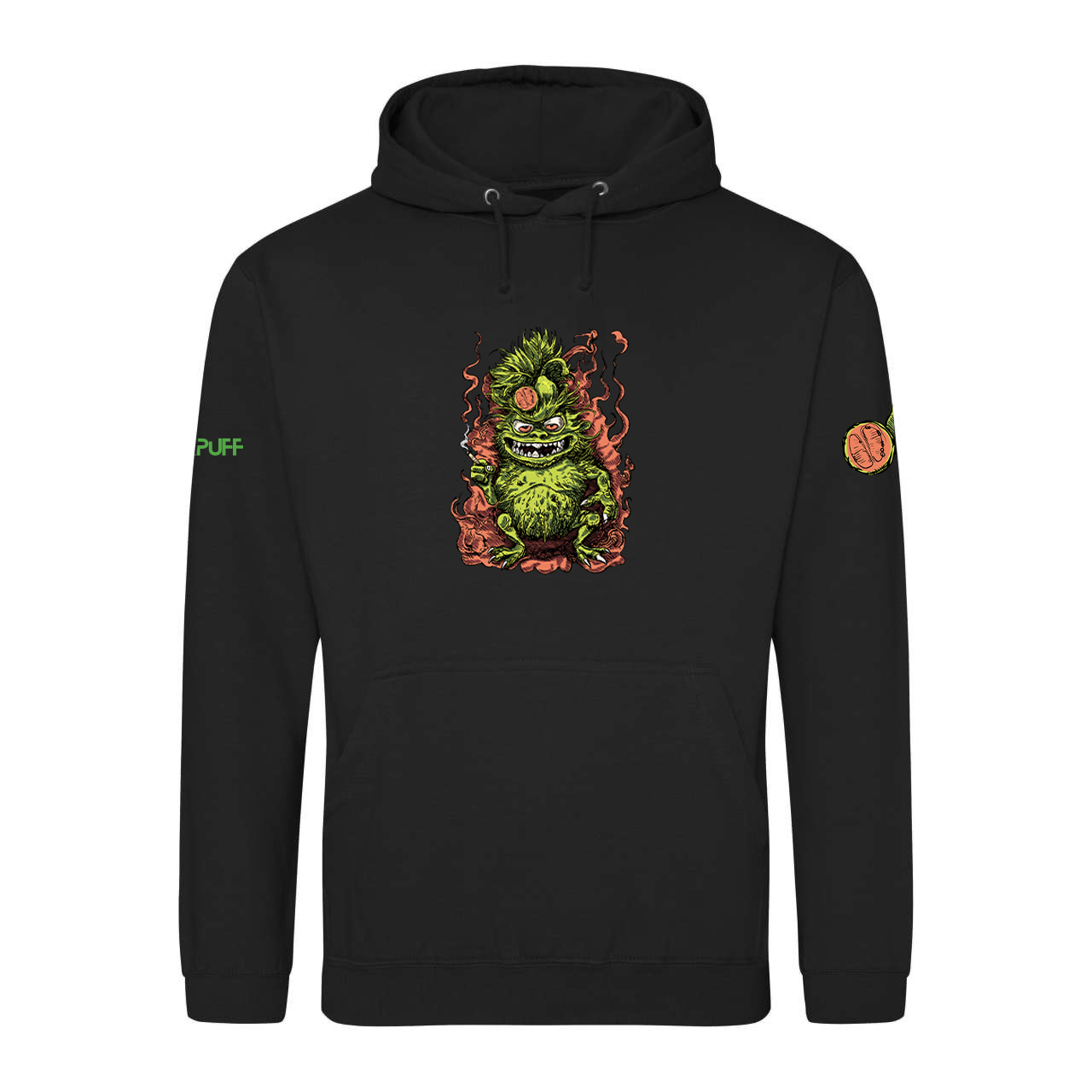 Sweatshirt preta com capuz e logótipo Canapuff amarelo nas costas