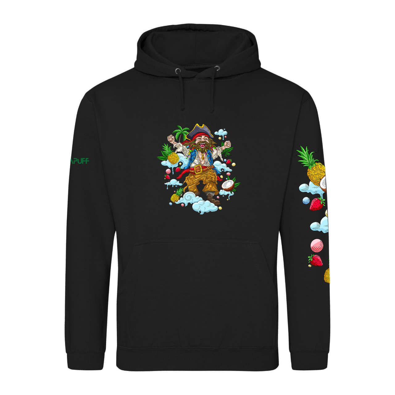 Sweatshirt preta com desenho de pirata e elementos tropicais