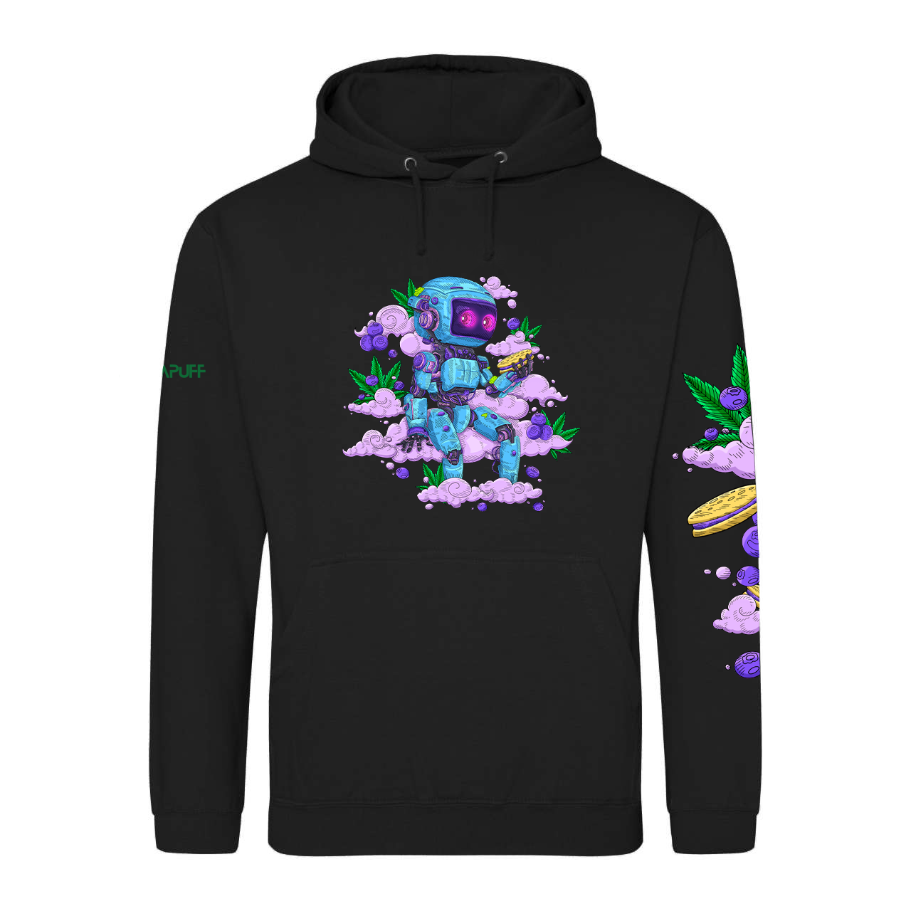 Sweatshirt preta com capuz e design de astronauta e nuvem