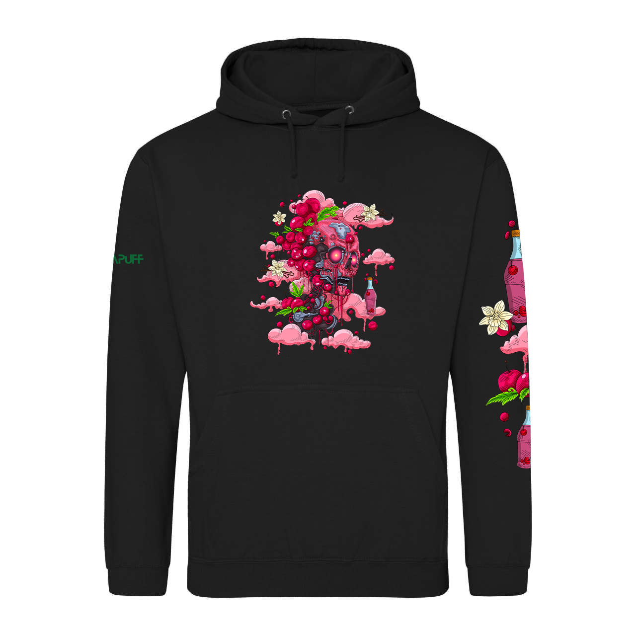 Sweatshirt preta com elementos surreais em desenho animado.