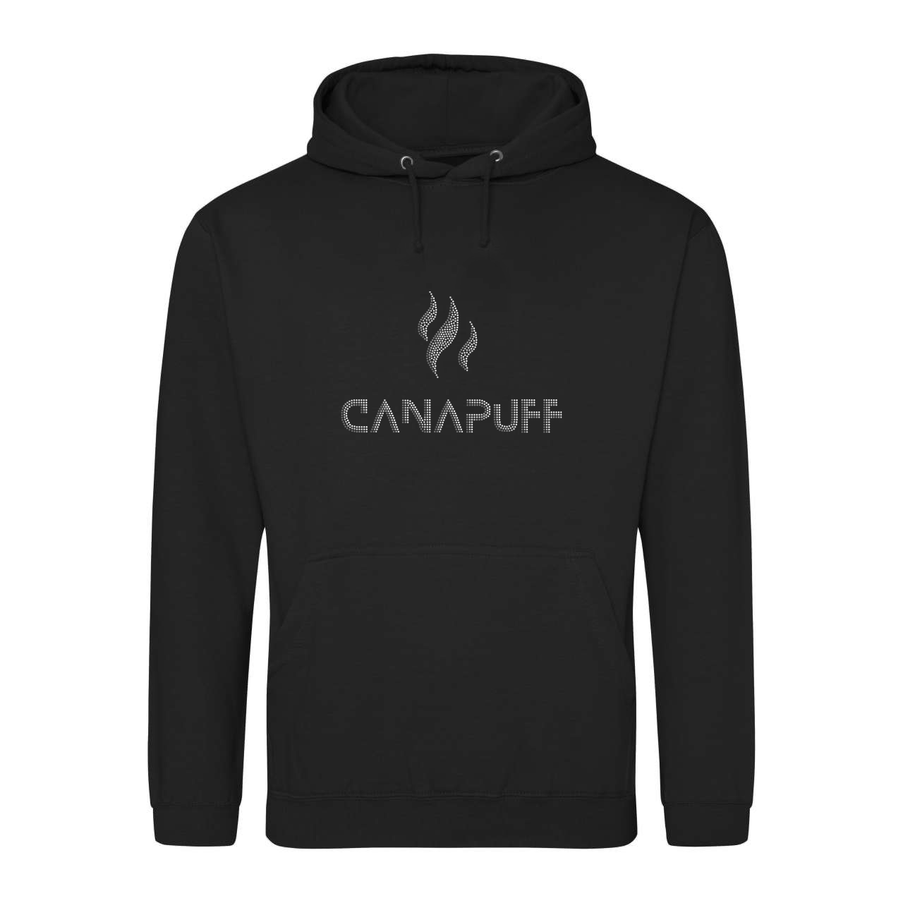 Sweatshirt preta com o texto "canapuff" em cinzento no meio do peito