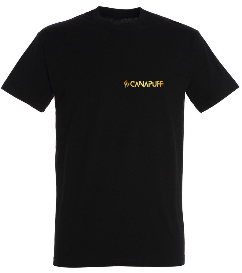 T-shirt Canapuff em preto, merchandising com texto pequeno dourado "canapuff"