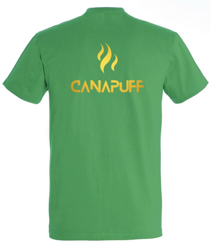 T-shirt verde Canapuff com um grande texto dourado a dizer "canapuff"