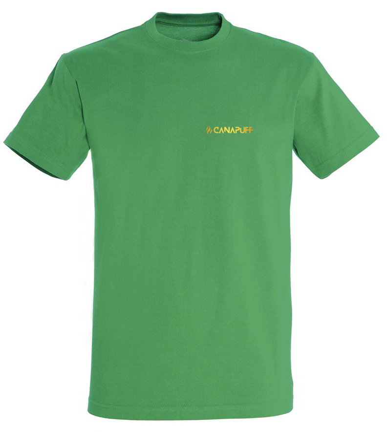 T-shirt verde Canapuff com um texto dourado a dizer "canapuff"