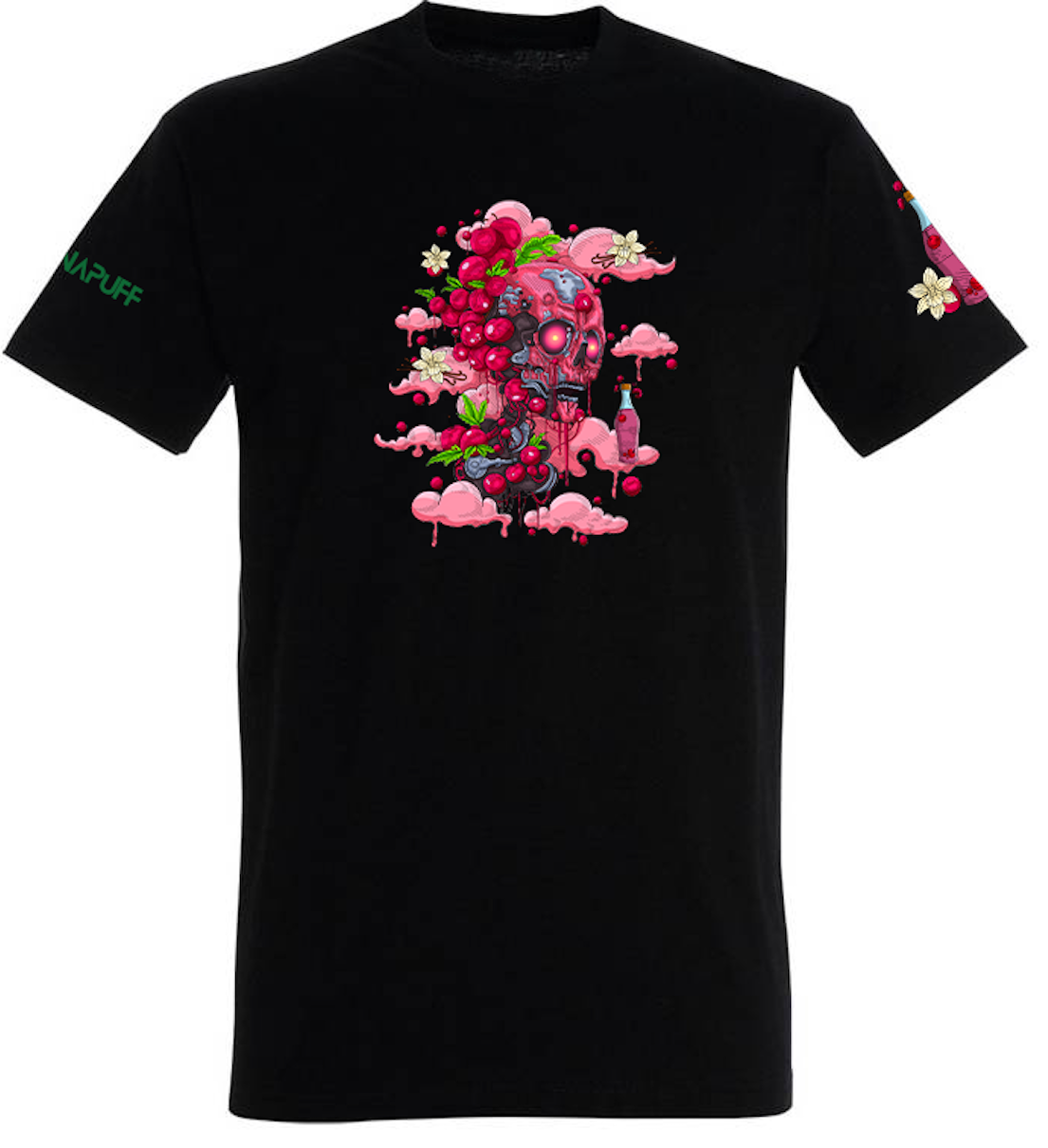 T-shirt Canapuff em preto com uma caveira a derreter em nuvens cor-de-rosa