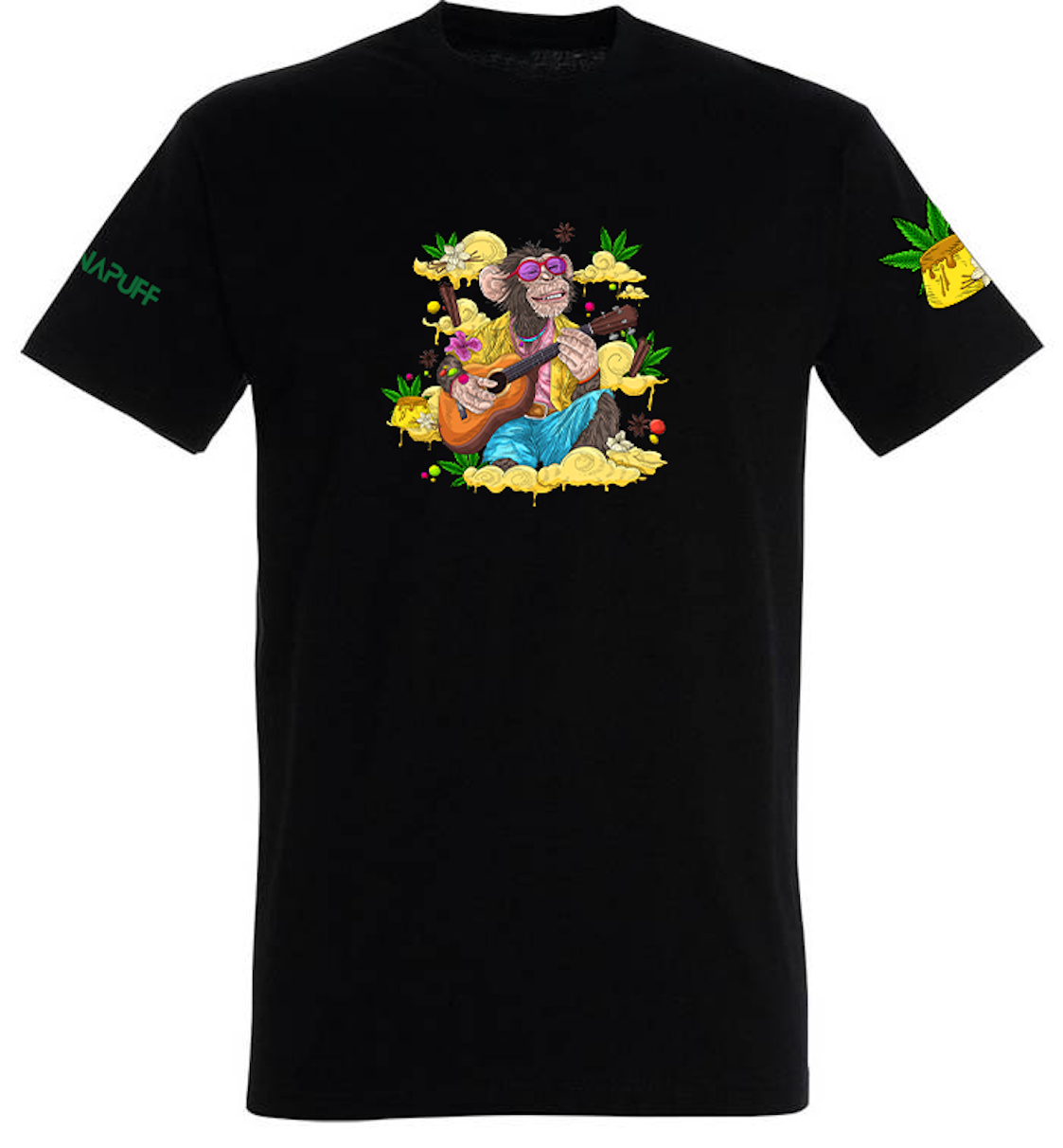 T-shirt Canapuff em preto com um macaco a tocar guitarra