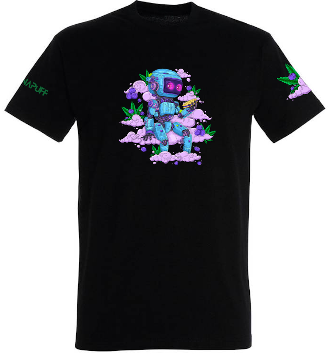 T-shirt Canapuff em preto com um robô em nuvens cor-de-rosa