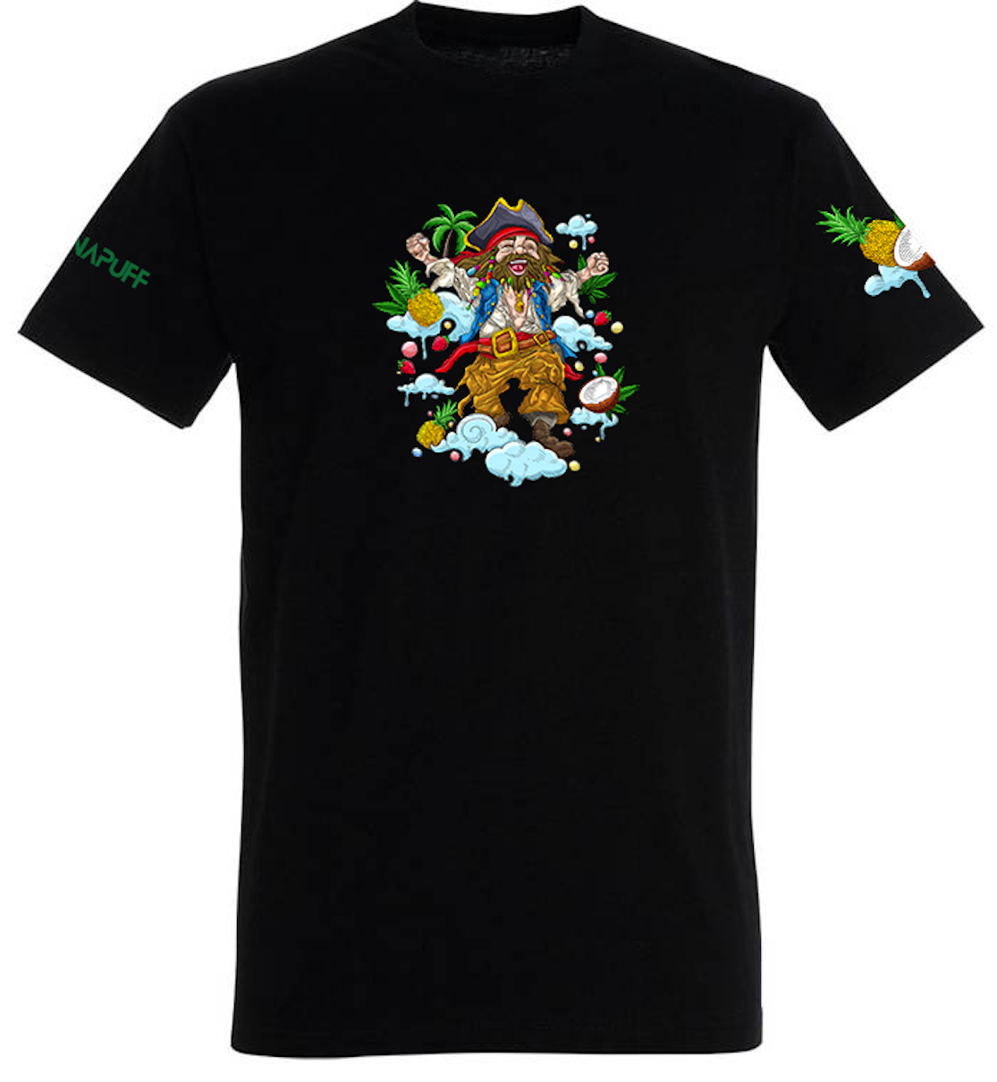 T-shirt Canapuff em preto com um pirata de ar feliz e traços tropicais