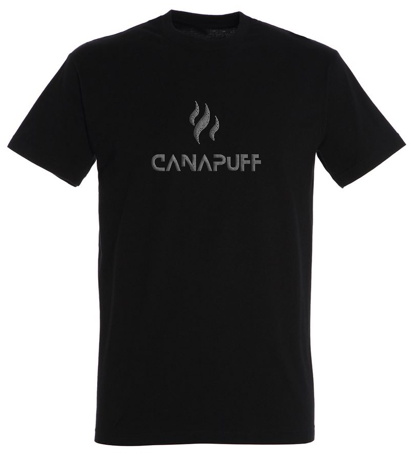 T-shirt Canapuff em preto com texto grande cinzento "canapuff"