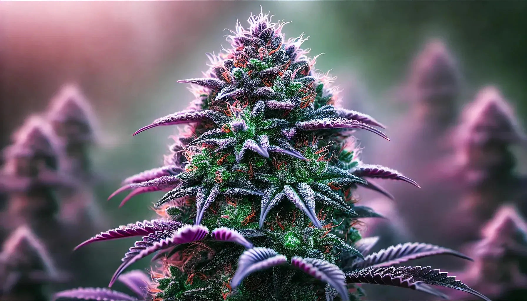 Purple Cookie Kush em todo o seu esplendor: botões vibrantes em tons de roxo e verde, cobertos por tricomas gelados, com um fundo natural de sonho. A introdução perfeita a esta variedade incrível.