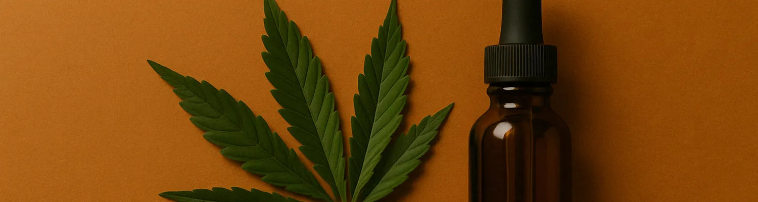 Folha de cannabis e frasco conta-gotas âmbar sobre fundo laranja quente