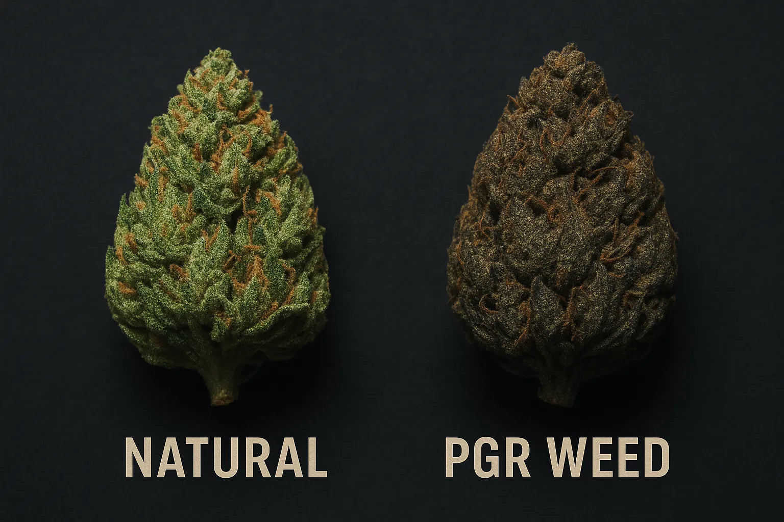 Comparação entre uma flor de cannabis natural e uma flor de cannabis com PGR lado a lado