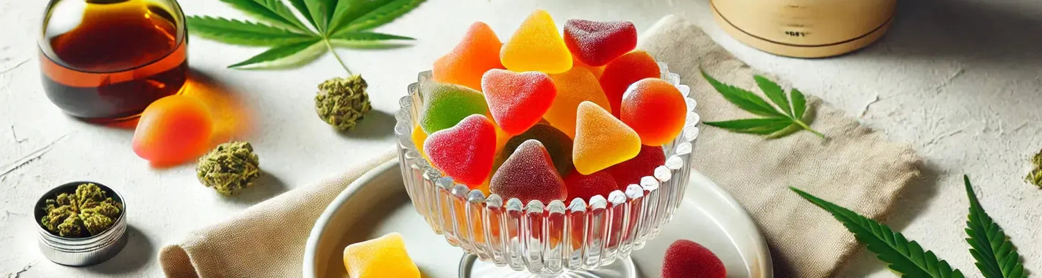Uma taça de vidro cheia de gomas coloridas de Delta 9 THC em tons de manga, laranja e cereja, colocada sobre um fundo branco limpo com discretas decorações de folhas de canábis para um visual fresco e convidativo.
