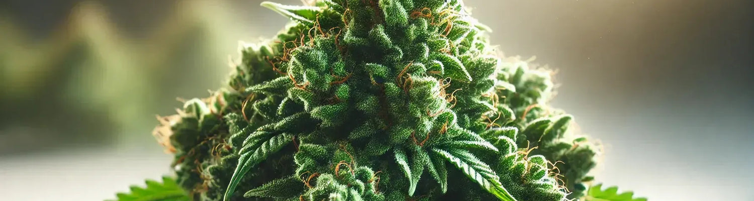 Imagem fotorrealista de flores frescas de canábis com luz natural e fundo suavemente desfocado.