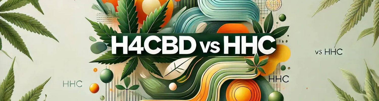 Imagem de cabeçalho de blog intitulada ‘H4CBD vs HHC’, com visuais abstratos em tons de verde para o H4CBD e tons dinâmicos de laranja e amarelo para o HHC, a destacar o contraste entre eles.