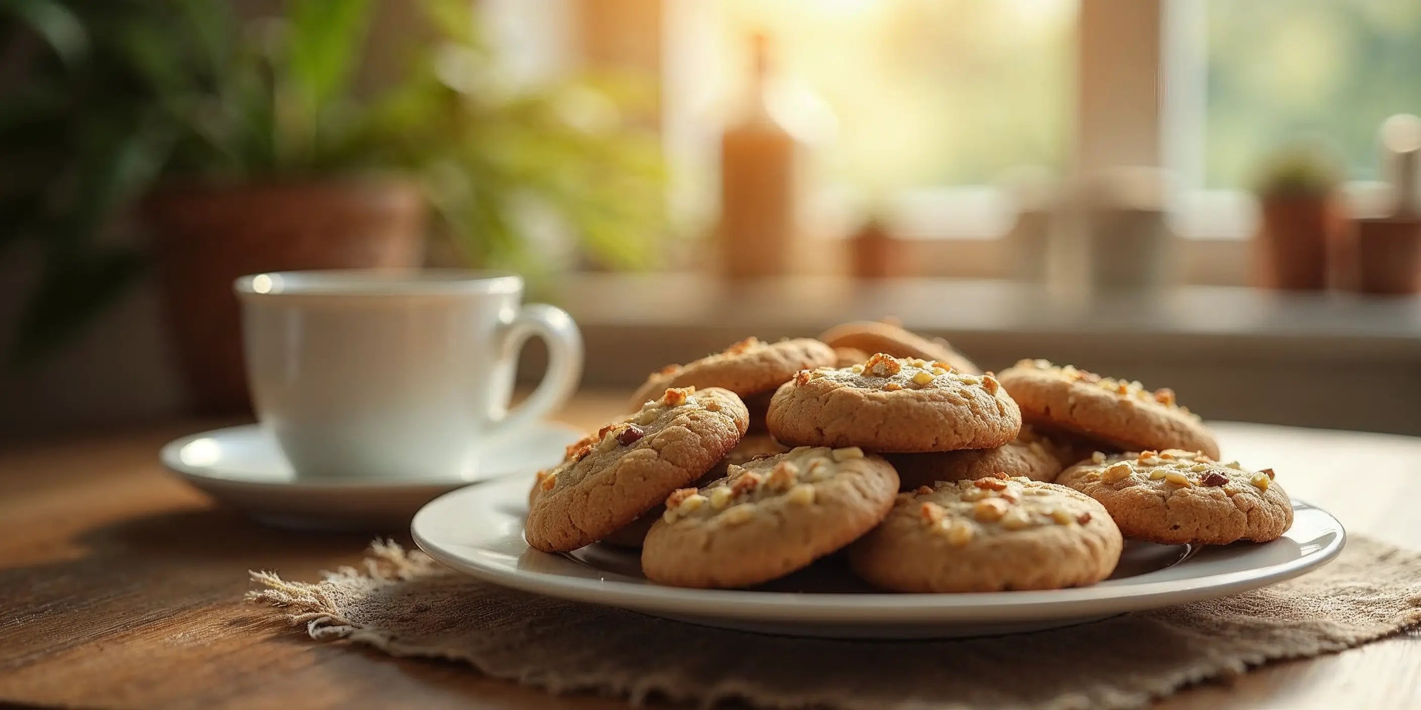 CBD Cookies serverd on a plate with a cup coffe