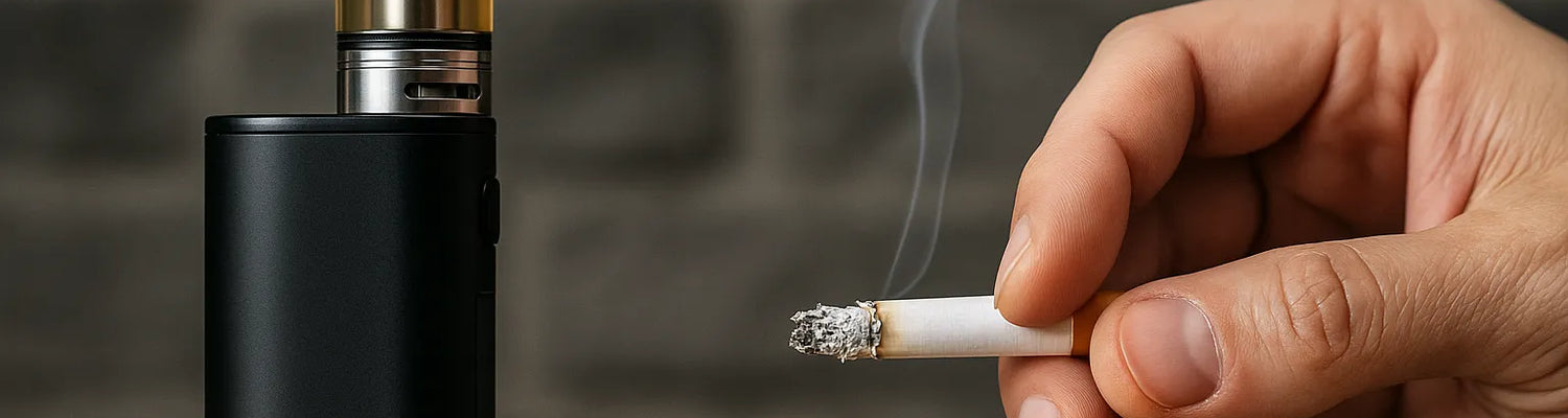 Imagem lado a lado de um dispositivo de vape e uma mão a segurar um cigarro aceso em cima de uma mesa de madeira