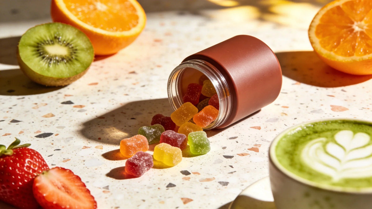 Colorful CBD gummies spilling from a jar onto a terrazzo surface surrounded by fresh fruit and matcha latte