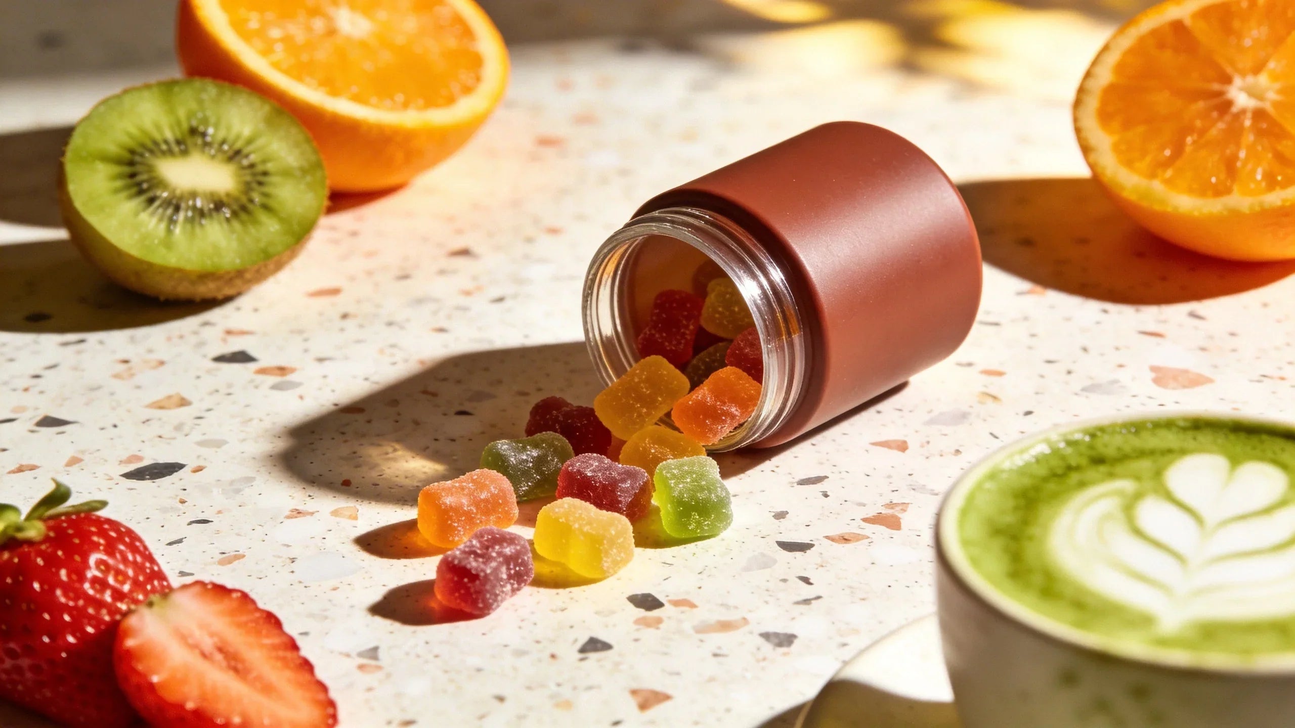 Colorful CBD gummies spilling from a jar onto a terrazzo surface surrounded by fresh fruit and matcha latte