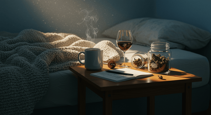 Sunlit bedroom at dawn with a rumpled knitted blanket on the bed and a wooden table holding a steaming coffee mug, a half-full wine glass, an open notebook, and a glass jar of cannabis buds.