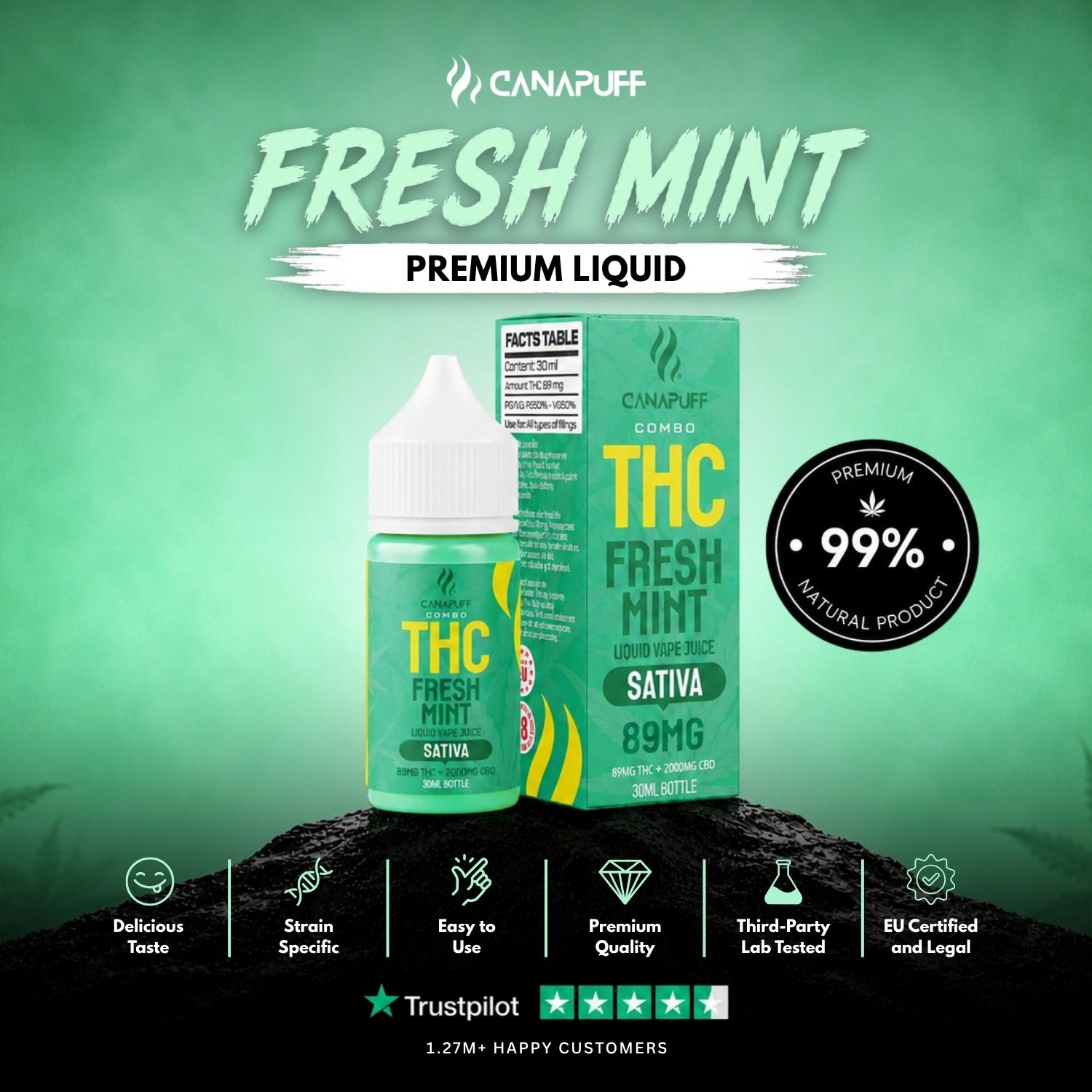 Delta 9 Liquid 89mg 2000mg CBD Fresh Mint 30ml