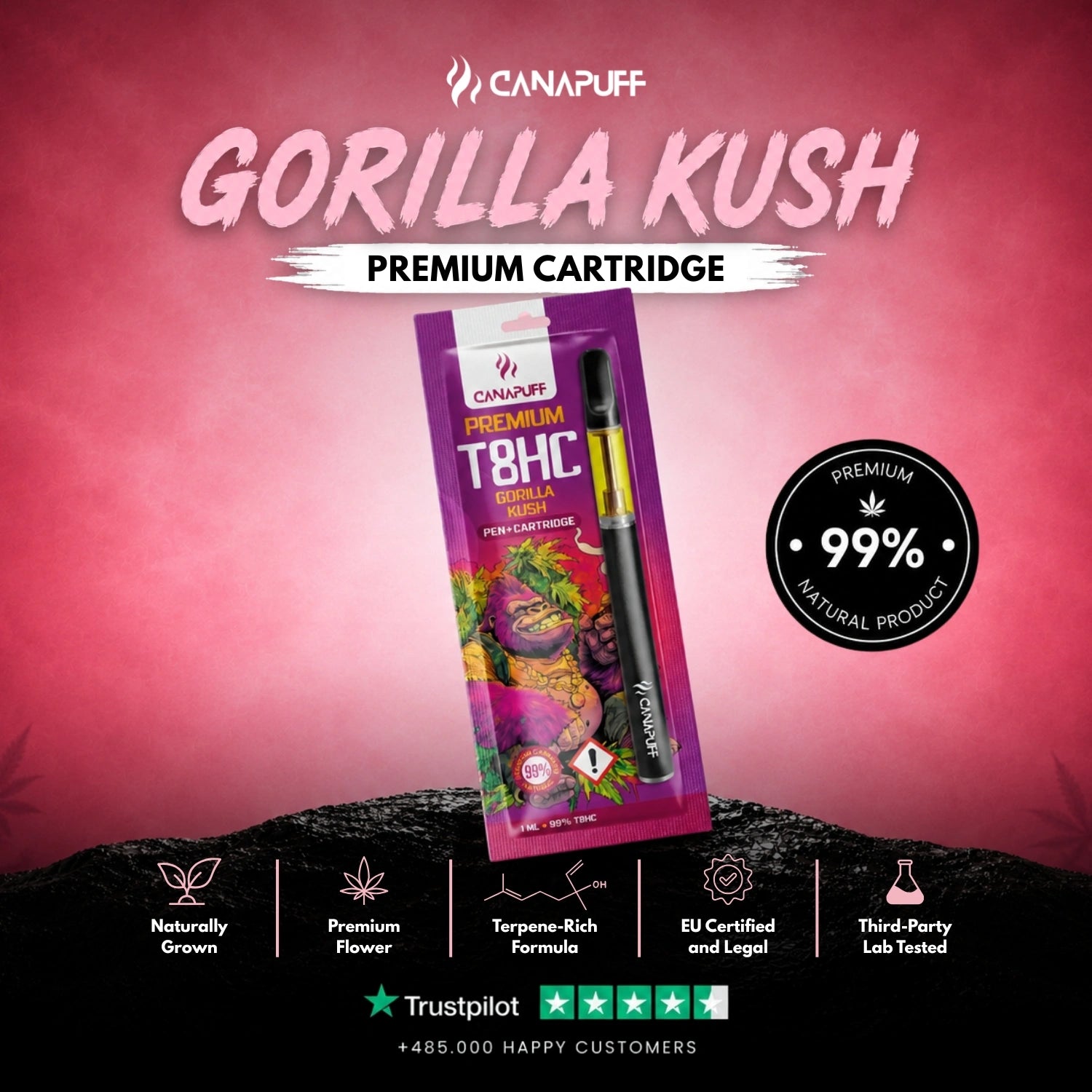 T8HC Pen + Cartucho Gorilla Kush 99%